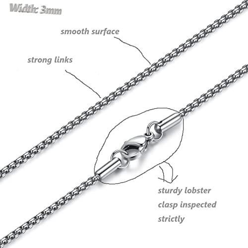 FOSIR Mens Chain Necklaces, Stainless Steel Rolo Chain Necklace for Men and Women, Silver Tone Box Chains for Men, Wide 2/3/4/5mm - size: 24.0 Inch long, style: 3mm-stainless steel