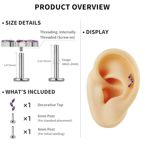 FINE4U 16G CZ Cluster Climber Cartilage Earring for Helix, Tragus - ASTM F136 Titanium Triple Marquise Labret Stud, Screw on Nickel Free Flat Back Jewelry - color: Triple Marquise - Amethyst CZ - Tit