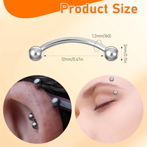 12pcs Curved Barbell Piercing Jewelry 16g Eyebrow Rook Piercing Jewelry | with 3mm Balls Stainless Steel Vertical Labret Lip Eyebrow Rings Tragus Helix Belly Lip Ring Body Piercings - color: Silver
