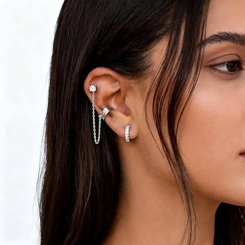 Ear Cuff Stud Earrings for Women Tassel Drop Dangle Hoop Clip Earrings Trendy Chain Climber Crawler Earrings Cubic Zirconia Huggie Hoop Cartilage Earring Fashion Jewelry Birthday Party - color: AS