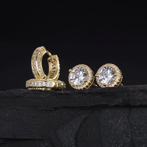 Earrings for Men 14K Gold Plated Hypoallergenic Mens Hoop Earrings | Cubic Zirconia Round/Square Stud with Huggie Hoop Earring Set,Mens Cartilage Studs for Sensitive Ear,Jewelry Gift for Him - color: Round Stud & Hoop - Gold