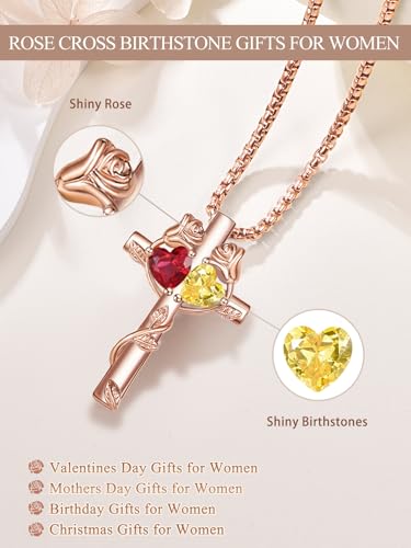 Rose Gold Cross Necklace with 2 Birthstones and Rose | Cross with Birthstone Necklace, Hypoallergenic, Adjustable Rolo Chain, Birthday Gifts, Catholic Christian Religious Jewelry - color: 07-11-Jul-Nov Birthstone