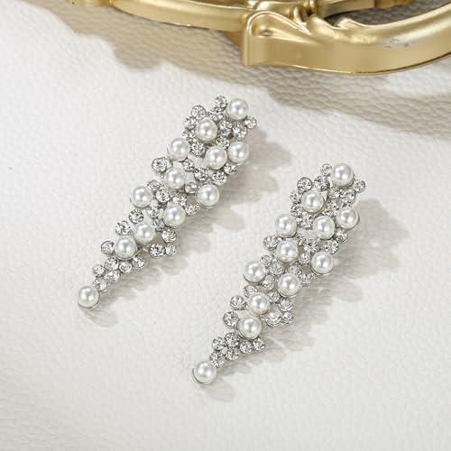 Bridal Statement Clip-on Earrings for Women Gorgeous Shiny Rhinestones Simulated Pearl Multi Beaded Cluster Chandelier Dangle Jewelry for Wedding Party Prom - color: Clear Silver-Tone