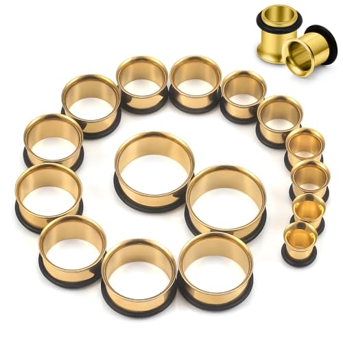 12G-25mm Single Flared Gauges Tunnels Stretching Kit 316L Surgical Steel O-ring Ear Gauges Plugs Earring Lobe flesh Tunnel Gauge Stretcher Silver Black Gold Color Tone - color: Gold, size: 0g/00g/12mm14mm/16mm/18mm/20mm/22mm