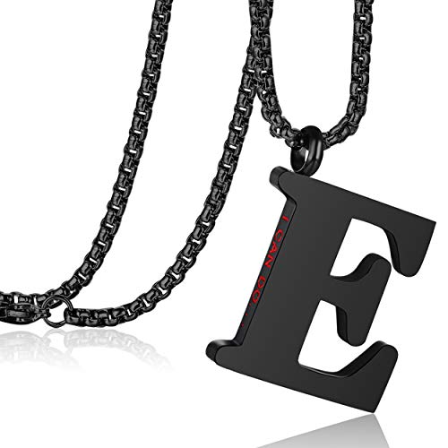 Initial 26 Letter A to Z Pendant Necklace for Teen Women Men 24" Chain | Large Alphabet Letter Personalized Charm Pendant,Engraving Red 'I CAN DO ...' on Back - style: E