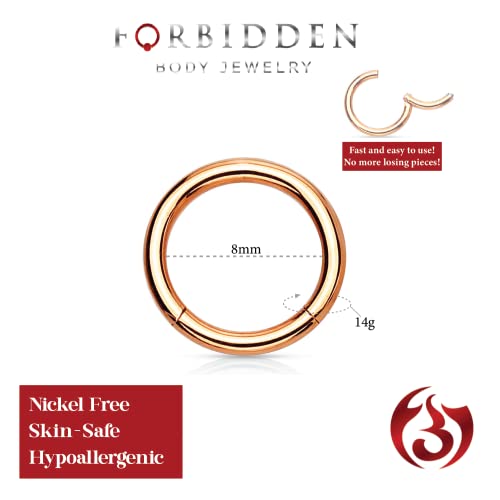 Forbidden Body Jewelry 316L Surgical Steel Hinged Seamless Nose Rings Hoop 14G 16G 18G, Diameter 6mm 8mm 10mm 12mm, Gold/Rose Gold/Silver/Black/Rainbow Colors. - style: 14g 8mm - Rose Gold
