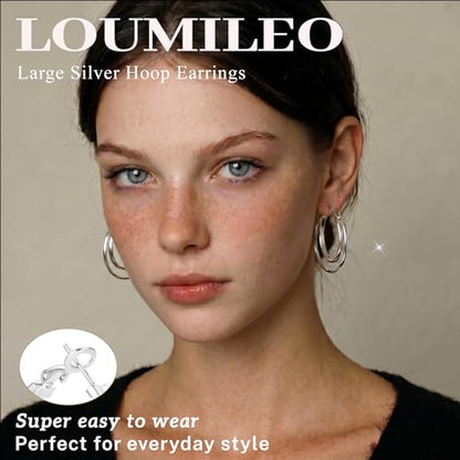 LOUMILEO 14k Gold Plated 925 Sterling Silver Post Double Hoop Earrings Hypoallergenic Lightweight Thin Large Hoop Earrings for Women 25/30/40/50/60mm - color: Silver-50mm