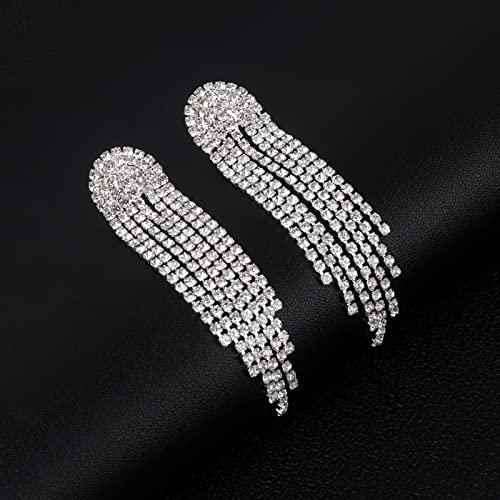 HERIER Rhinestone Earrings Dangling for Women Chandelier Statement Tassel Earrings Girls Silver Sparkly Drop Cubic Zirconia Crystal Earrings Long Dangle Costume Jewelry - color: Silver-Round Tassel