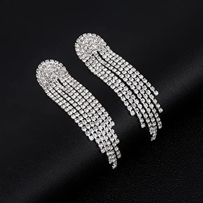 HERIER Rhinestone Earrings Dangling for Women Chandelier Statement Tassel Earrings Girls Silver Sparkly Drop Cubic Zirconia Crystal Earrings Long Dangle Costume Jewelry - color: Silver-Round Tassel