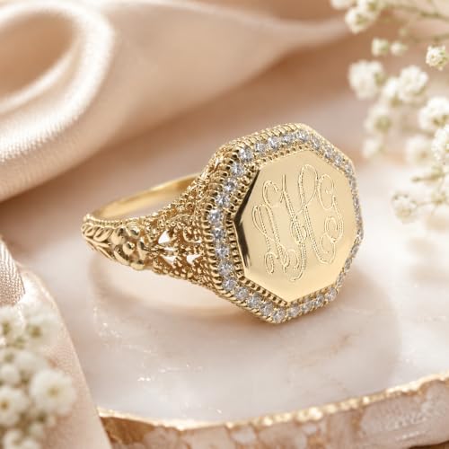 The Personal Exchange Monogram Gold Octagon Filagree Ring with CZ Accents Gold Plated over Sterling Silver
