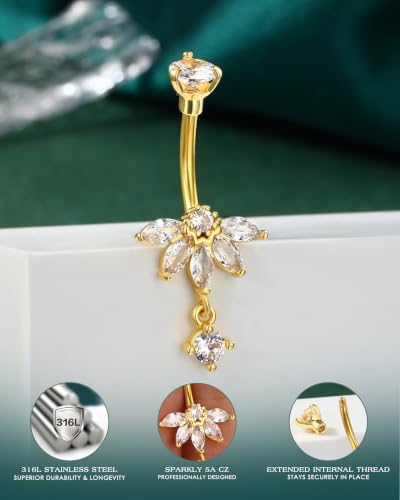 Lotus Belly Button Rings, 14G Dangle Belly Navel Rings for Women, Stainless Steel Belly Navel Piercing Jewelry - color: Gold-10MM