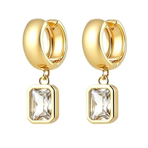 Dangle Flower Gold Earrings for Women, Trendy Statement Hoop Earrings, Gold Floral Drop Earrings Jewelry for Gifts - color: Rectangle 14K gold CZ