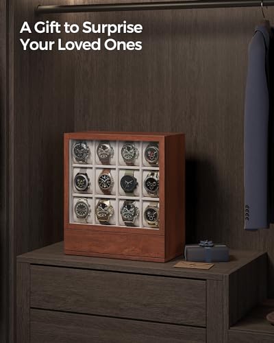 SONGMICS Watch Box 12-Slot Watch Display Case with Window | Solid Wood Veneer, Velvet Lining, Vertical Storage, Space Saving, Gift Idea, Coffee Brown, UJOW014K01 - color: Coffee Brown, size: 12 Slot