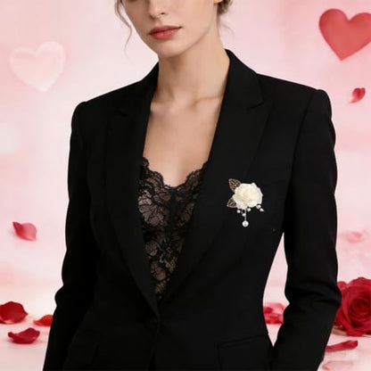 Handmade Elegant Red Rose Flower Brooch Pin for Women Crystal Pearl Fabric Flower Lapel Pin Dress Suit Accessories - color: White B