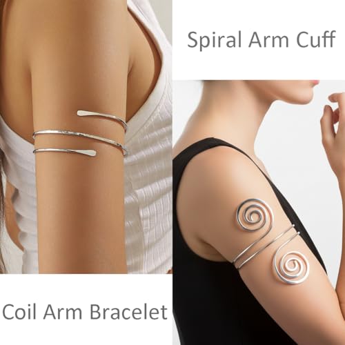 ItsStarred Minimalist Arm Cuff Gold Plated, Upper Arm Cuff Bangle Bracelet for Women, Adjustable Arm band Set 6 Pieces - color: A1: Silver Plated Coil 4pcs