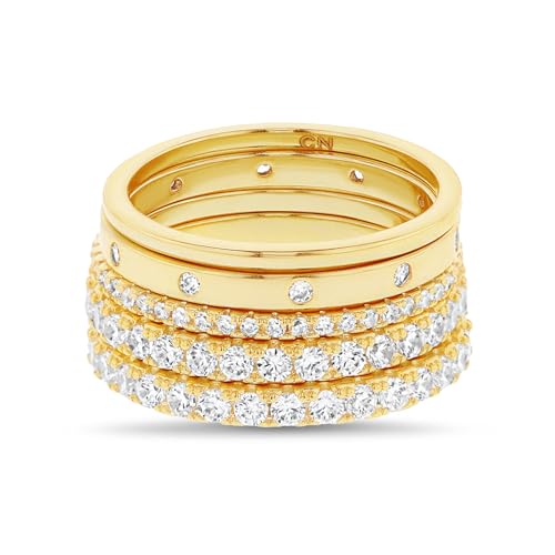 Waterproof Stacking Ring Set 14K Yellow Gold Plated Brass Cubic Zirconia Band Rings for Women Five Piece