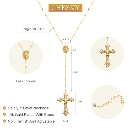 CHESKY Lariat Necklace for Women，14k Gold/Sliver Plated Layered Necklace | Gold/Sliver Long Necklace，Dainty Cross Pendant, Wedding Y-Shaped Drop Chain, Waterproof Jewelry Gift for Women Everyday Wear - style: Crossbead