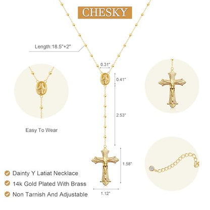 CHESKY Lariat Necklace for Women，14k Gold/Sliver Plated Layered Necklace | Gold/Sliver Long Necklace，Dainty Cross Pendant, Wedding Y-Shaped Drop Chain, Waterproof Jewelry Gift for Women Everyday Wear - style: Crossbead