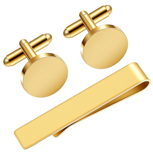 3Pcs Gold Tie Clip and Cufflink Set for Men - color: Gold