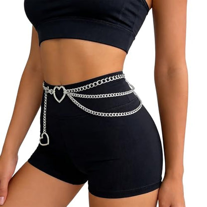 3 Layered Metal Waist Chain Belt for Women Moon & Sun Belly Belt Body Chain Jewelry for Dress Jeans - color: Silver-heart