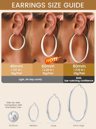KeyStyle 5mm Thick Hoop Earring，Large Gold Hoop Earrings for Women | Stainless Steel Hoops Earring 14K Gold Plated/Silver/Black Hoop Lightweight Hypoallergenic Hollow Tube Hoop(40/60/80MM) - color: Silver, size: 60mm