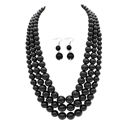 Chunky Layered Imitation Pearl Necklace for Women 3 strand Pearl Necklaces Faux Pearl Necklace Earrings Set 1920s Flapper Gatsby Costume Accessories - color: 3 strand pearl necklace Black