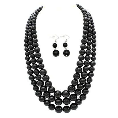 Chunky Layered Imitation Pearl Necklace for Women 3 strand Pearl Necklaces Faux Pearl Necklace Earrings Set 1920s Flapper Gatsby Costume Accessories - color: 3 strand pearl necklace Black