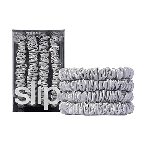 Slip Silk Hair Ties — Skinny Silk Silver Scrunchies, No Damage, No Crease, Anti-Breakage |100% Mulberry Silk | All Hair Types | Made with Proprietary Slipsilk™ | Set of 4 - color: Silver