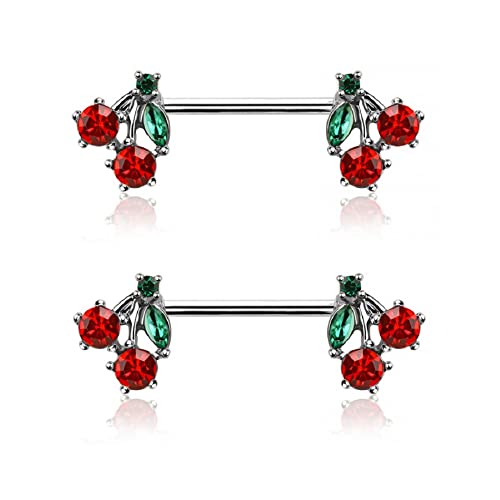 Pierced Owl 14GA 316L Stainless Steel CZ Crystal Red Cherry Ends Nipple Barbells, Sold as a Pair - style: Silver Tone