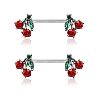 Pierced Owl 14GA 316L Stainless Steel CZ Crystal Red Cherry Ends Nipple Barbells, Sold as a Pair - style: Silver Tone