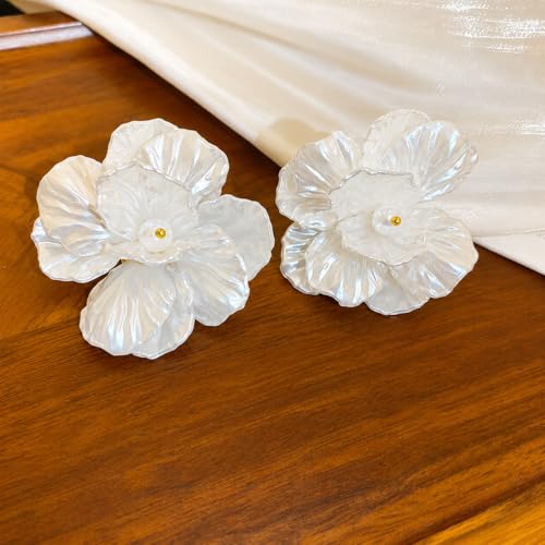 Pearl Hoop Dangle Earrings for Women, White Petal Statement Earrings, Floral Drop Earrings, Lightweight Elegant Wedding Vacation Party Jewelry - color: A0028-style C