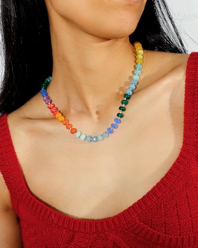 Gemstone Beaded Necklace for Women Colorful Natural Stone Freshwater Pearl Surfer Beach Rainbow Necklace Jewelry Gift - color: colorful -05
