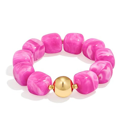 WOWORAMA Chunky Beaded Bracelets for Women Colorful Large Square Beads Bracelet Boho Acrylic Resin Stretch Bracelets Statement Chunky Bracelet Summer Jewelry - color: Square-Rose Red