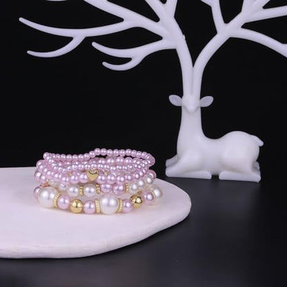 Pearl Bracelets for Women Simulated Pearl Beaded Bracelet White Pearls Stackable Stretch Bracelet Set Multilayered Elastic Pearls Bracelets for Women Bridesmaid Bridal Jewelry - color: pink