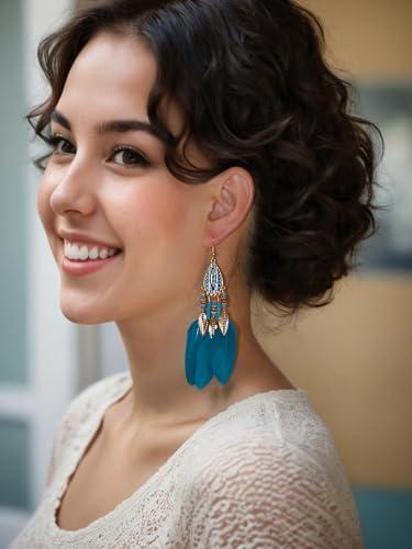 Boho Feather Dangle Earrings – Handcrafted with Turquoise Beads, Silver Accents & Blue Feathers – Gift Set for Women, Mom, Wife in Premium Gift Box