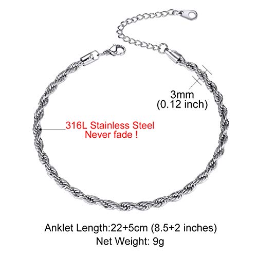 Adjustbale Link Chain Anklet for Women Summer Jewelry, 316L Stainless Steel Figaro/Wheat/Twist Rope/Cuban Foot Bracelet-Waterproof, Resizable 9"-12" (Gift Box Included) - color: 1, Rope - Stainless Steel