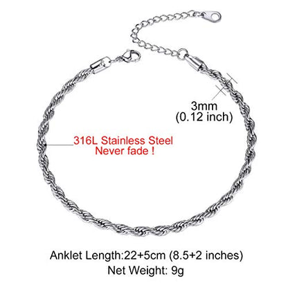 Adjustbale Link Chain Anklet for Women Summer Jewelry, 316L Stainless Steel Figaro/Wheat/Twist Rope/Cuban Foot Bracelet-Waterproof, Resizable 9"-12" (Gift Box Included) - color: 1, Rope - Stainless Steel