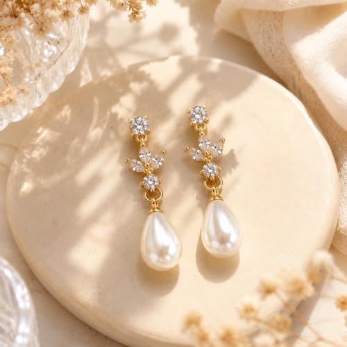 Pearl Dangle Clip On Earrings for Women - 14K Gold Silver Plated Cubic Zirconia Pearl Drop Earrings Trendy Long Non Pierced Bridal Earrings Fashion Jewelry Gifts - color: Gold