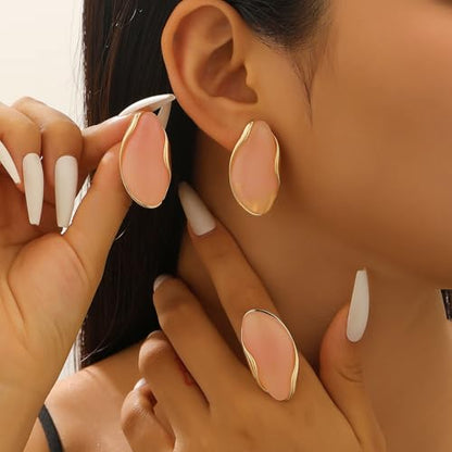 Colorful Chunky Earrings Ring for Women, Resin Boho Large Oval Acrylic Finger Ring Statement Stainless Steel Adjustable Rings Beach Summer Jewelry Gift - color: Pink Set