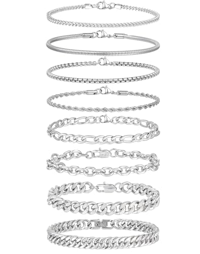 8Pcs Chain Bracelet Stainless Steel Curb Width Rope Figaro Cuban Link Paperclip Twist Chain Bracelets Set for Men Women 7.5/8.3/9.0 Inches