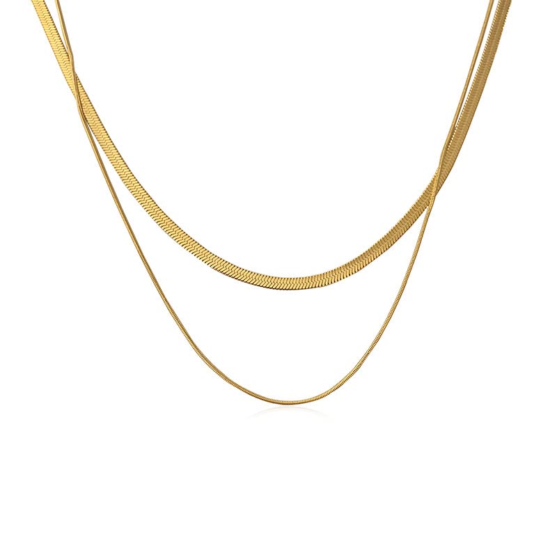 Women's Double-Layer Layered Necklace, Snake Chain Titanium Steel Collarbone Retro Gold Short Neck Chain, Short-Style Set
