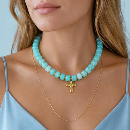 Colorful Resin Chunky Beaded Necklace for Women Modern Statement Choker Necklace with Gold Tone Cross Pendant Boho Summer Jewelry Gift - color: Turquoise Color-1