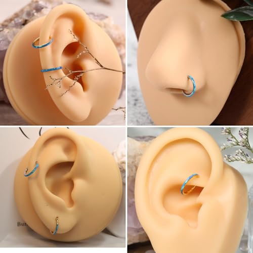 PEAKLINK Hinged Nose Hoop Ring Surgical Steel Conch Cartilage Helix Lobe Earring for Septum Lip Tragus Daith Rook Orbital Belly Nose Piercing Jewelry - color: Silver with Blue Opal
