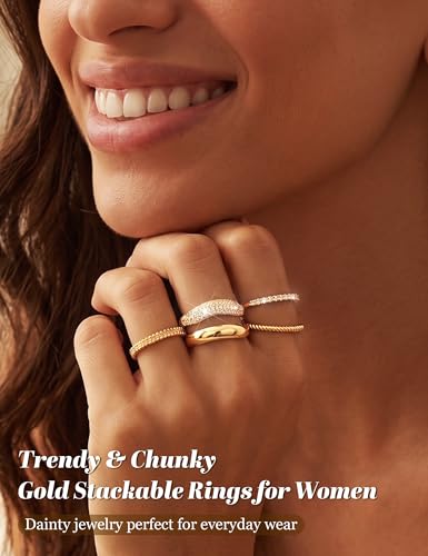14K Gold Plated Rings for Women,Non Tarnish Stackable Chunky Ring | Cubic Zirconia Thumb Ring ,Dainty Stackable Chunky Rings Set,Trendy Statement Thick Dome Ring,Promise Wedding Band Size 6-10 - color: Cubic Zirconia Ring-Gold B