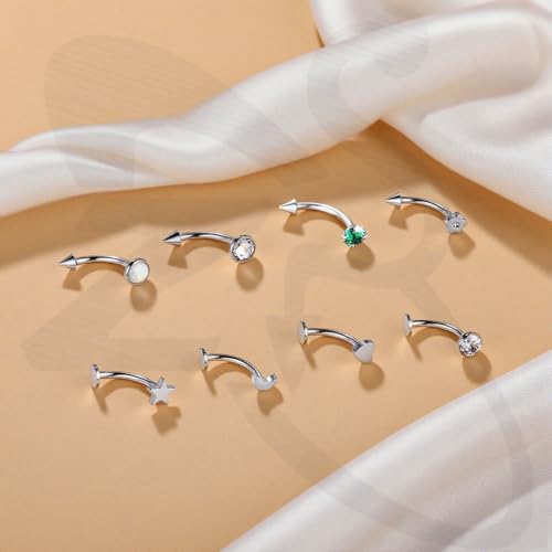 ZS 8Pcs 16G Eyebrow Piercing Jewelry Spike Eyebrow Ring, Stainless Steel Curved Barbell Flat Back Lip Stud Daith Rook Piercing for Women Men 8mm 10mm - color: Sliver, size: L:10mm