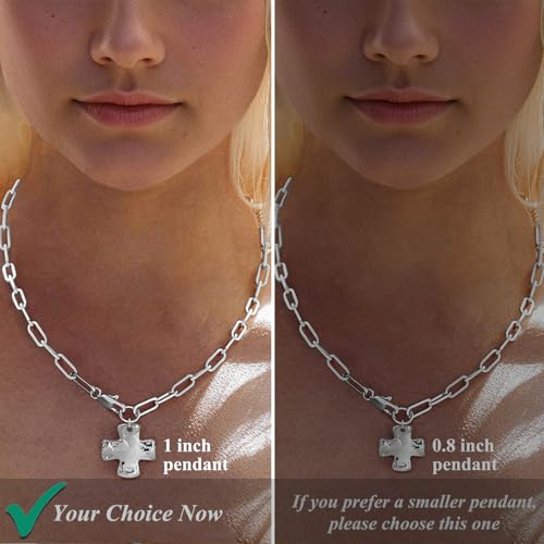 Bheop Chunky Cross Necklace for Women, 14K Gold Silver Statement Necklace | Sturdy Paperclip Chain, Hammered Pendant, Vintage Charm, Trendy Costume Jewelry, Faith Christian Religious Gift, Non Tarnish - style: SL-Cross Necklace(1 inch Pendant)