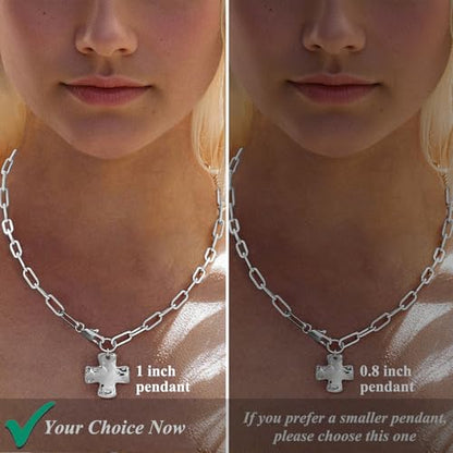 Bheop Chunky Cross Necklace for Women, 14K Gold Silver Statement Necklace | Sturdy Paperclip Chain, Hammered Pendant, Vintage Charm, Trendy Costume Jewelry, Faith Christian Religious Gift, Non Tarnish - style: SL-Cross Necklace(1 inch Pendant)