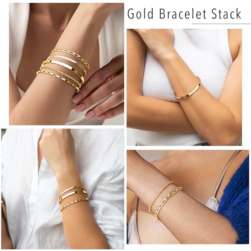 Dainty Gold Bracelet for Women Trendy Non Tarnish, Thin Bracelets Stackable Set with Bangle Cuff, Box, Herringbone, Paperclip, Figaro, Sparkling Link Chains Waterproof, Simple Jewelry Gifts for Women - color: style 03-gold