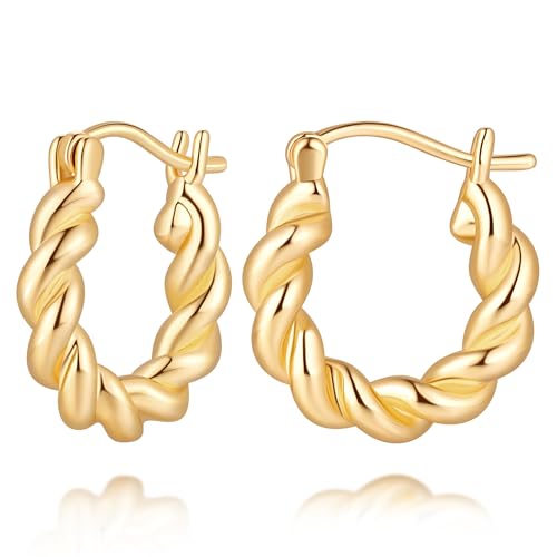 NEARLAND Gold Hoop Earrings for Women 14K Gold Earrings for Women | Twisted Small Gold Hoop Earrings Hypoallergenic 14K Gold Hoop Earrings Lightweight Gold Hoop Earrings for Women 15/19/23mm - size: 15mm