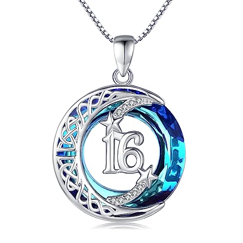JUSTKIDSTOY Birthday Gifts for Women Girls 925 Sterling Silver Celtic Moon Star Necklace with Blue Crystal Pendant Jewelry for Sister Friends - style: 16th